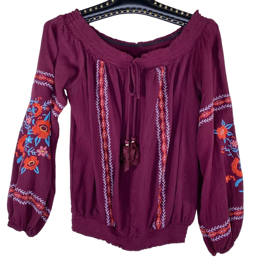 Xhilaration Boho Tassel Tie Peasant Floral Embroidered Blouse Small
